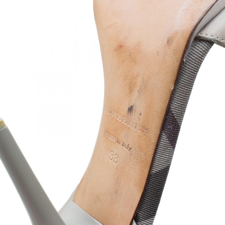 Pre Owned Burberry Grey Embellished Leather and Novacheck Canvas Ankle Strap Sandals Size 38