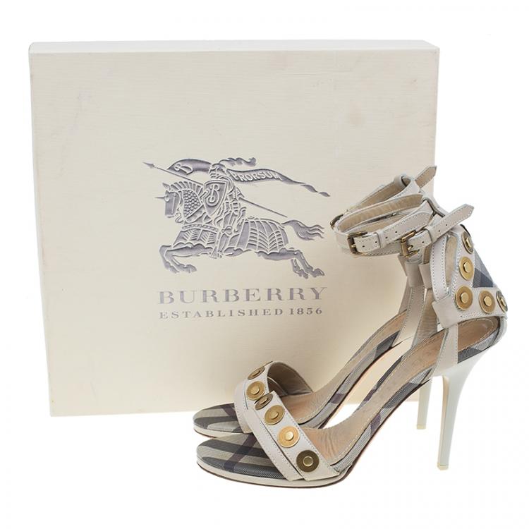 Pre Owned Burberry Grey Embellished Leather and Novacheck Canvas Ankle Strap Sandals Size 38