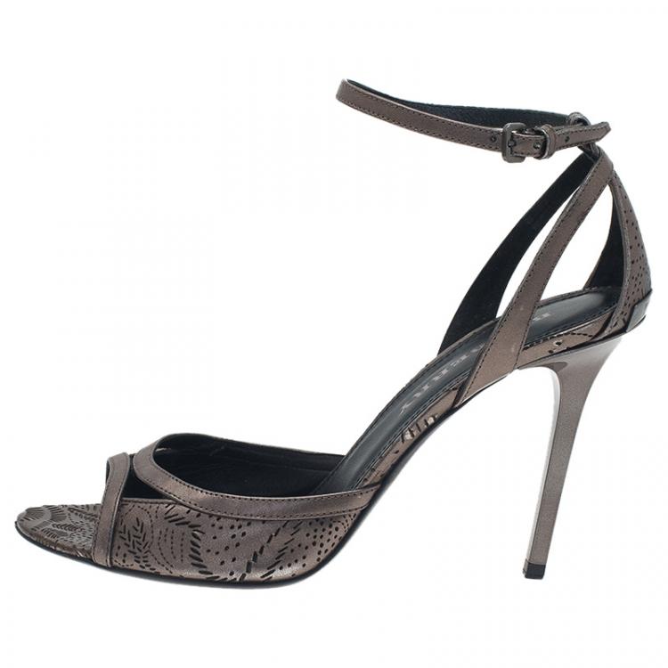 Pre Owned Burberry Metallic Grey Perforated Leather Ankle Strap Sandals  Size 39