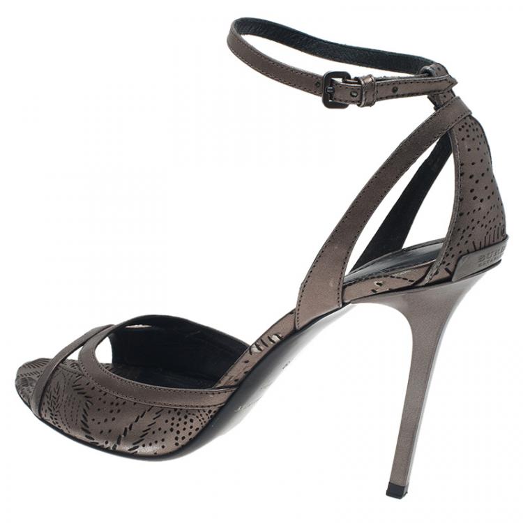 Pre Owned Burberry Metallic Grey Perforated Leather Ankle Strap Sandals  Size 39