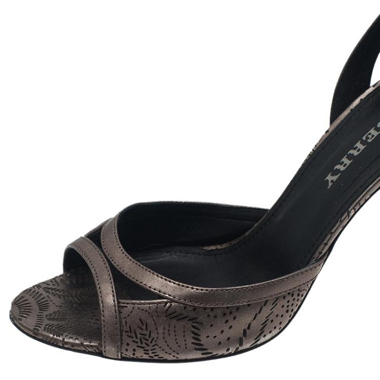 Pre Owned Burberry Metallic Grey Perforated Leather Ankle Strap Sandals  Size 39
