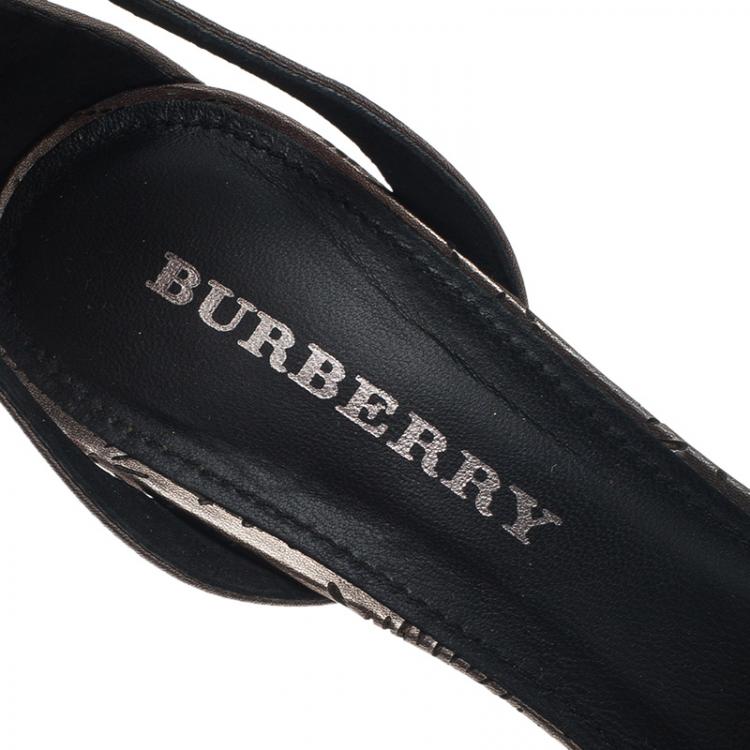 Pre Owned Burberry Metallic Grey Perforated Leather Ankle Strap Sandals  Size 39