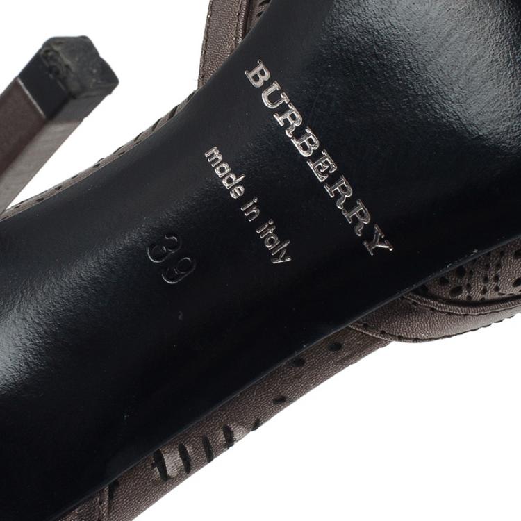 Pre Owned Burberry Metallic Grey Perforated Leather Ankle Strap Sandals  Size 39