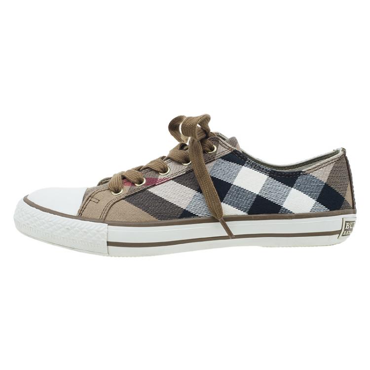 Pre Owned Burberry Beige Novacheck Canvas and Leather Sneakers Size 38