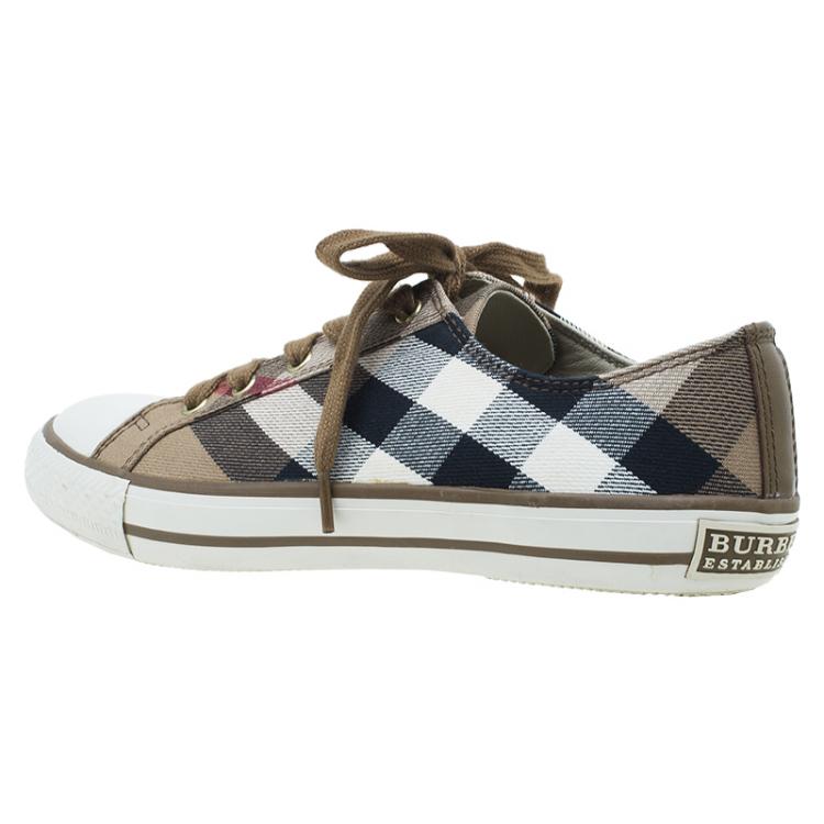 Pre Owned Burberry Beige Novacheck Canvas and Leather Sneakers Size 38