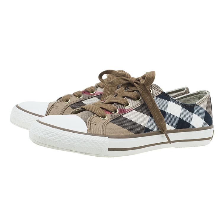 Pre Owned Burberry Beige Novacheck Canvas and Leather Sneakers Size 38