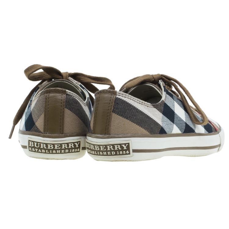 Pre Owned Burberry Beige Novacheck Canvas and Leather Sneakers Size 38