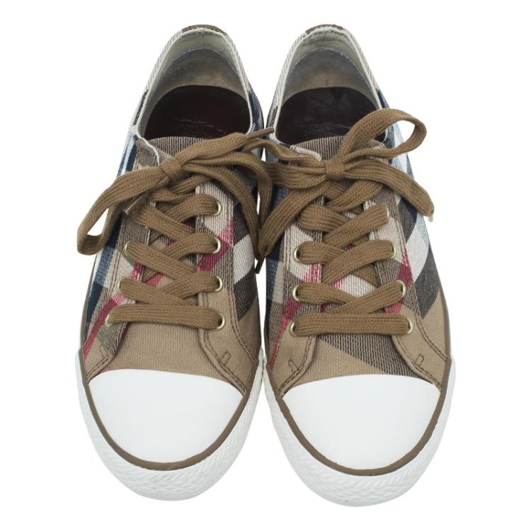 Pre Owned Burberry Beige Novacheck Canvas and Leather Sneakers Size 38