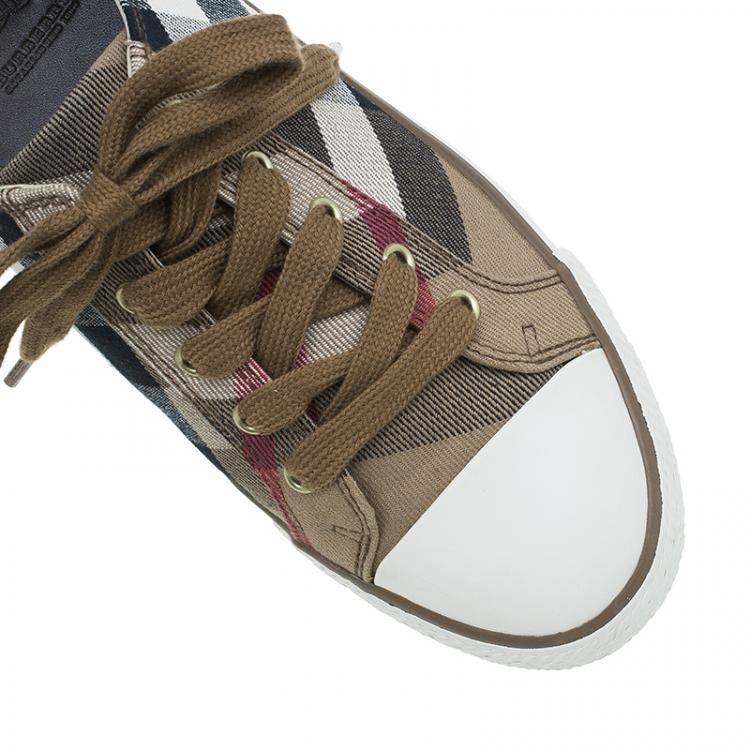 Pre Owned Burberry Beige Novacheck Canvas and Leather Sneakers Size 38