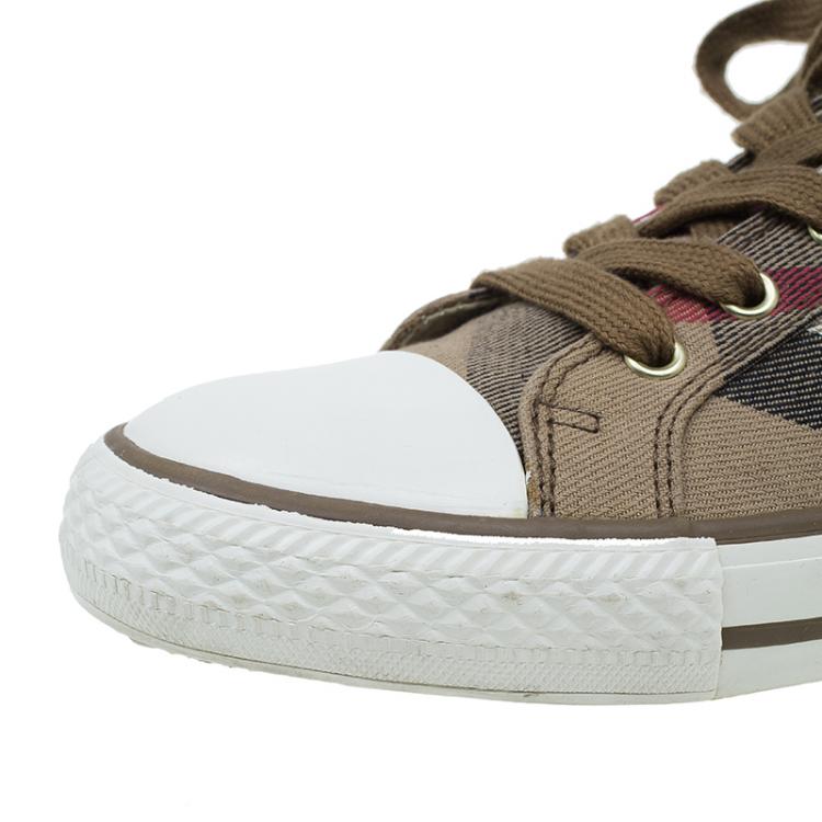 Pre Owned Burberry Beige Novacheck Canvas and Leather Sneakers Size 38