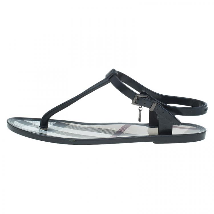 Pre Owned Burberry Black Rubber Novacheck Thong Ankle Strap Sandals Size 38