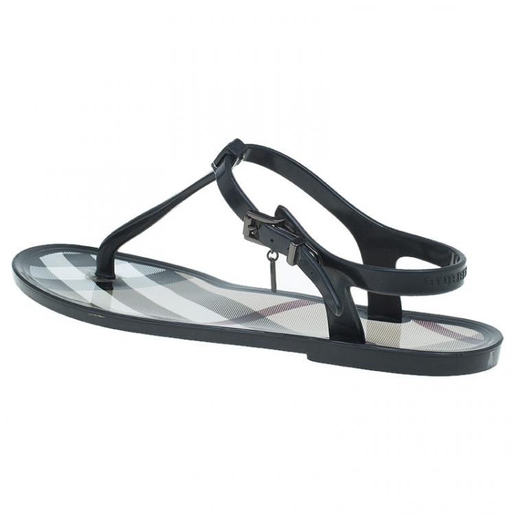 Pre Owned Burberry Black Rubber Novacheck Thong Ankle Strap Sandals Size 38