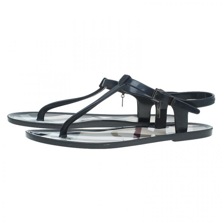 Pre Owned Burberry Black Rubber Novacheck Thong Ankle Strap Sandals Size 38