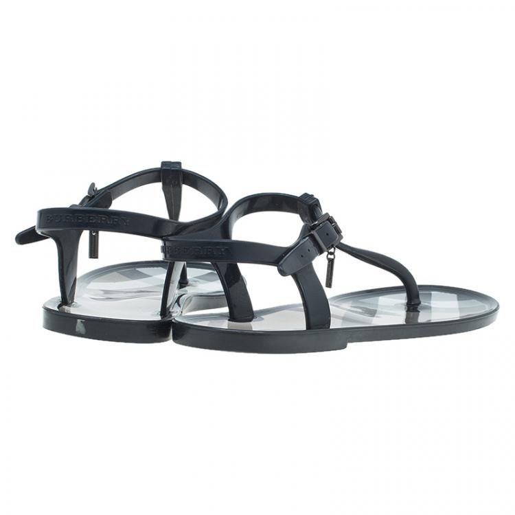 Pre Owned Burberry Black Rubber Novacheck Thong Ankle Strap Sandals Size 38