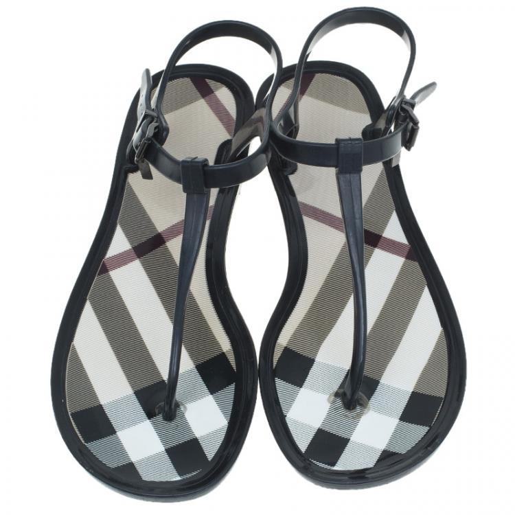 Pre Owned Burberry Black Rubber Novacheck Thong Ankle Strap Sandals Size 38