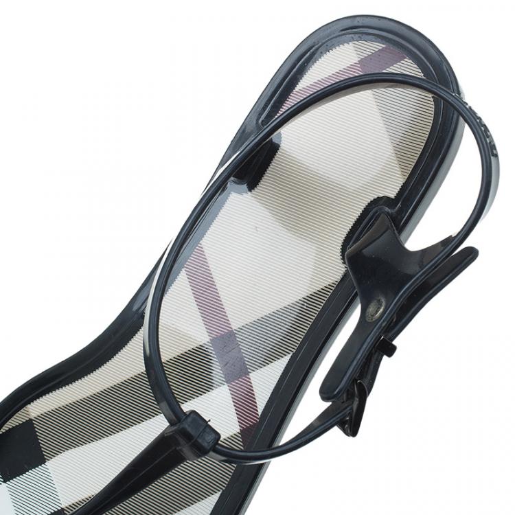 Pre Owned Burberry Black Rubber Novacheck Thong Ankle Strap Sandals Size 38