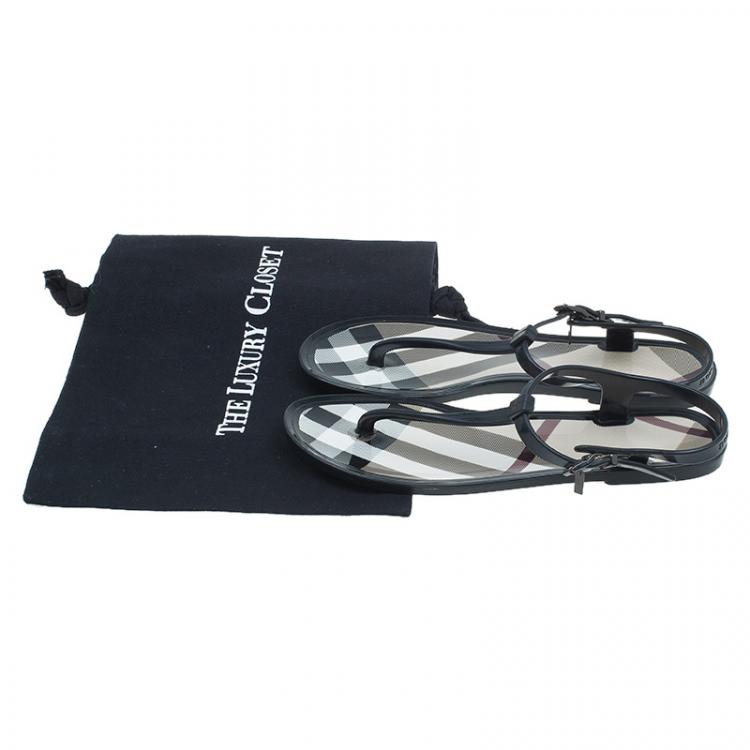 Pre Owned Burberry Black Rubber Novacheck Thong Ankle Strap Sandals Size 38