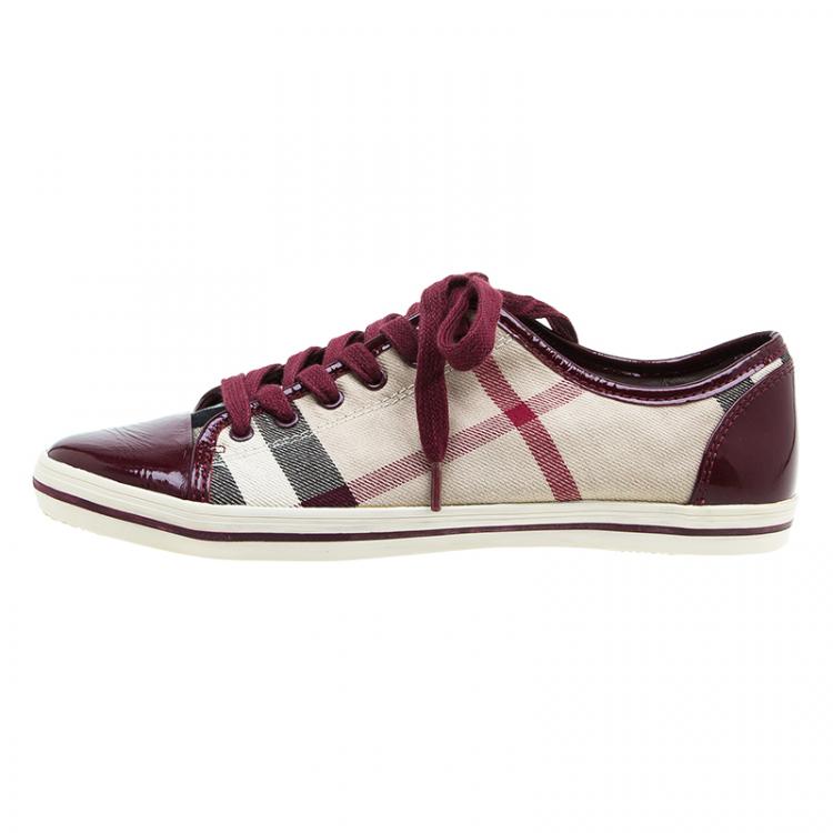 Pre Owned Burberry Red Leather and Novacheck Canvas Sneakers Size 38