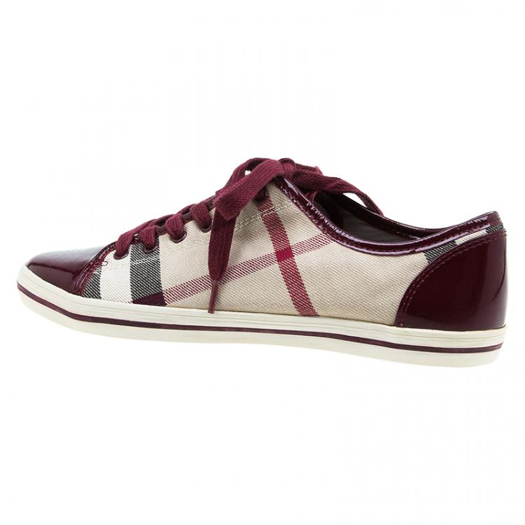 Pre Owned Burberry Red Leather and Novacheck Canvas Sneakers Size 38