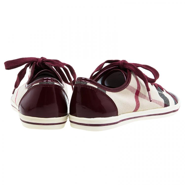 Pre Owned Burberry Red Leather and Novacheck Canvas Sneakers Size 38