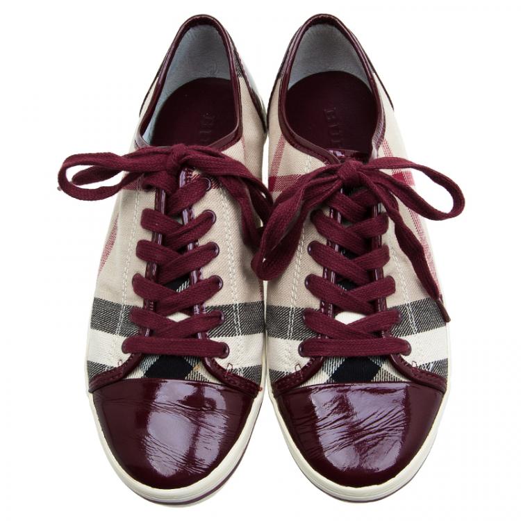 Pre Owned Burberry Red Leather and Novacheck Canvas Sneakers Size 38