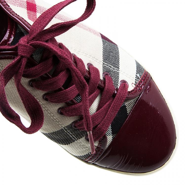 Pre Owned Burberry Red Leather and Novacheck Canvas Sneakers Size 38