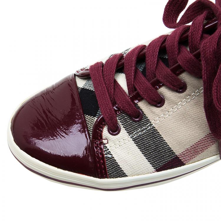 Pre Owned Burberry Red Leather and Novacheck Canvas Sneakers Size 38