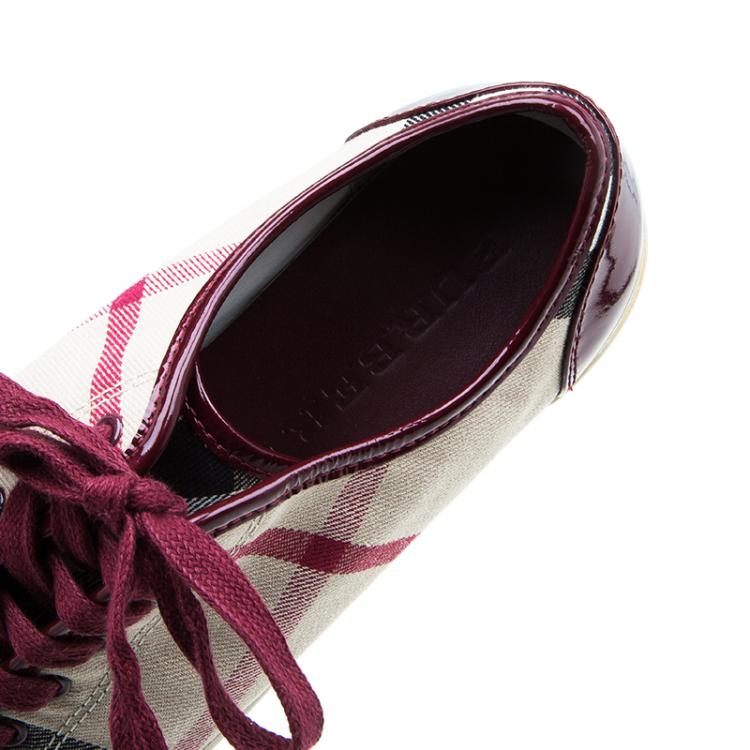 Pre Owned Burberry Red Leather and Novacheck Canvas Sneakers Size 38