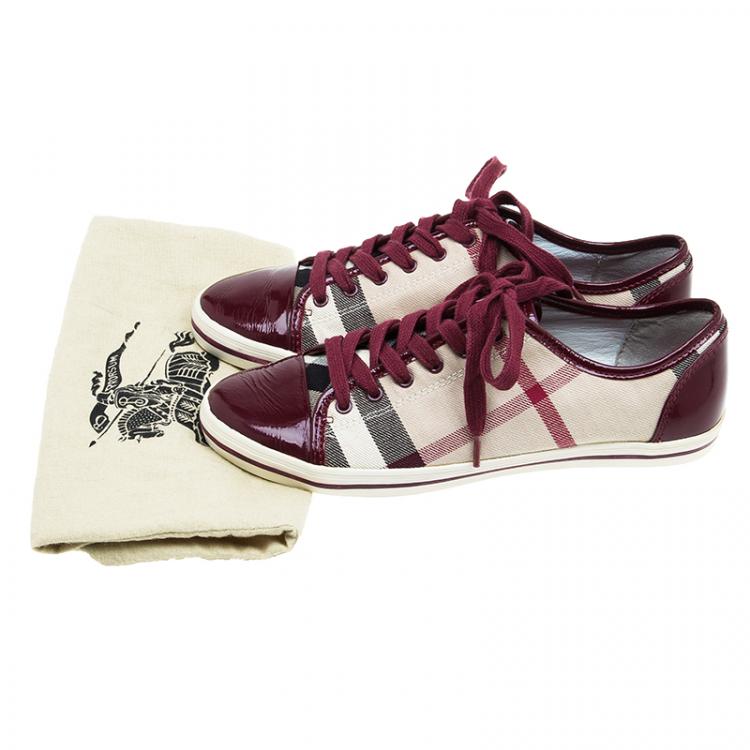 Pre Owned Burberry Red Leather and Novacheck Canvas Sneakers Size 38