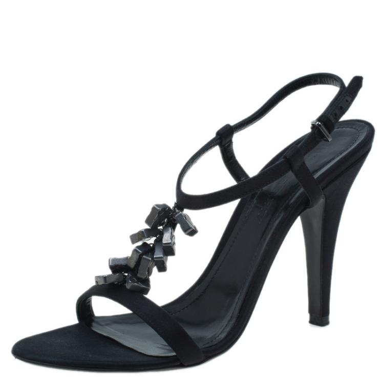 Pre Owned Burberry Black Satin Charm T Strap Sandals Size 39
