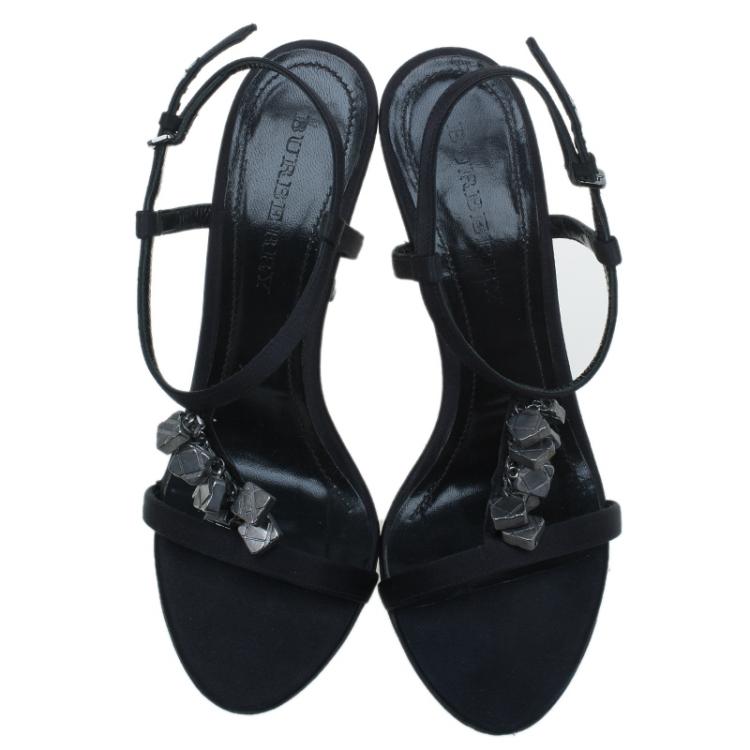 Pre Owned Burberry Black Satin Charm T Strap Sandals Size 39