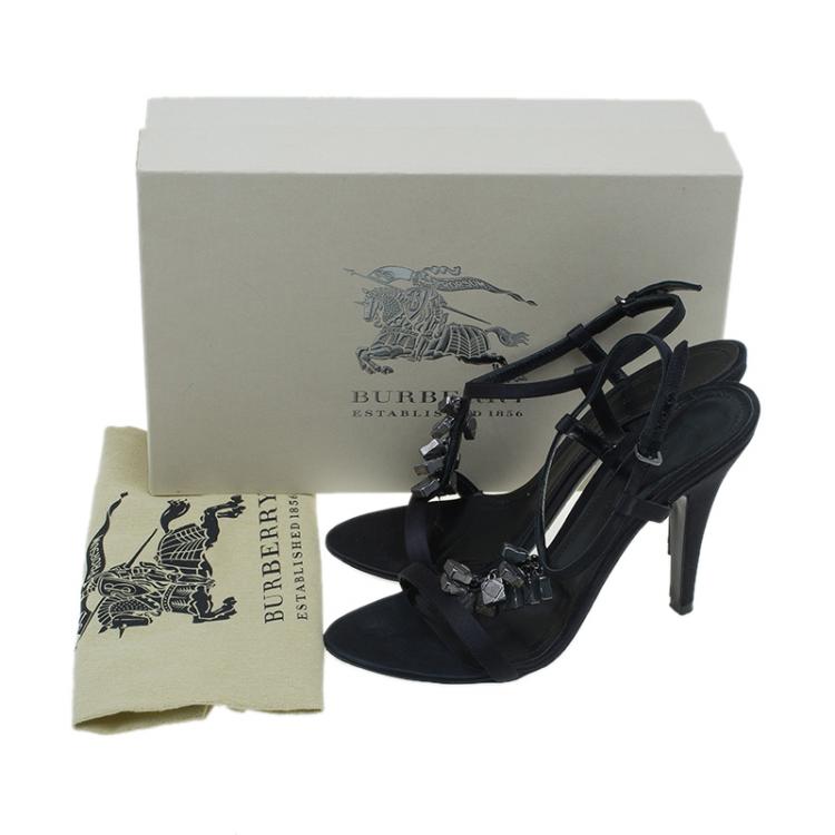 Pre Owned Burberry Black Satin Charm T Strap Sandals Size 39