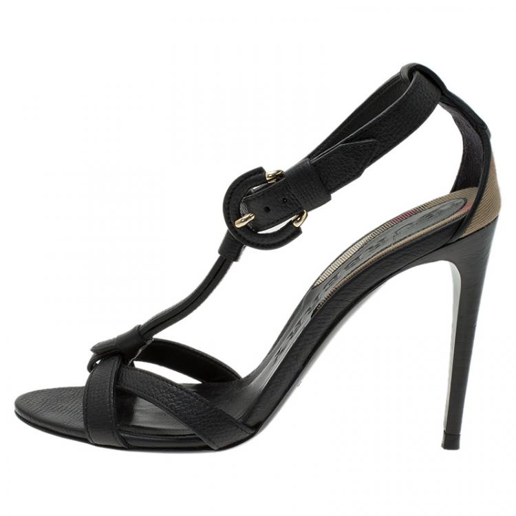 Pre Owned Burberry Black Leather and Novacheck Detail T-Strap Sandals Size 38