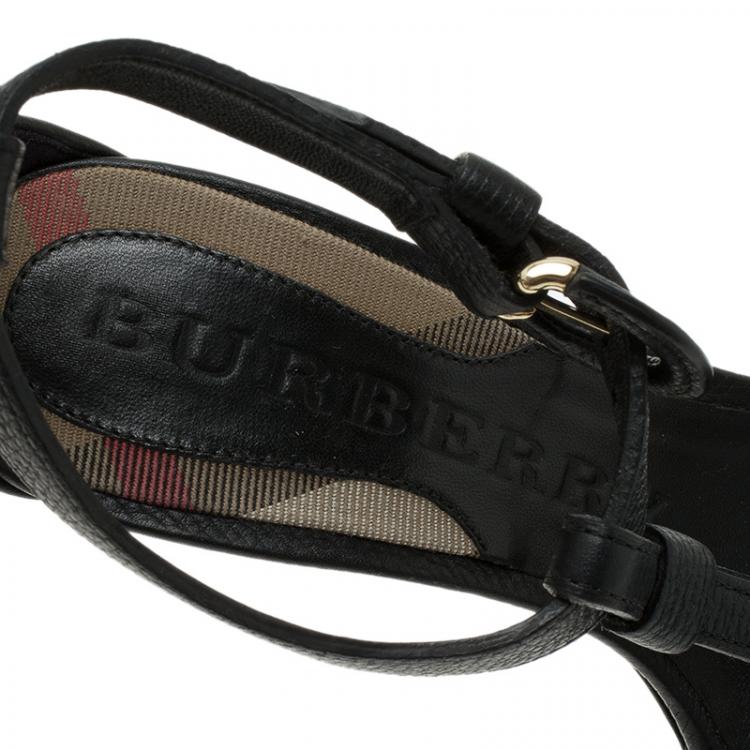 Pre Owned Burberry Black Leather and Novacheck Detail T-Strap Sandals Size 38