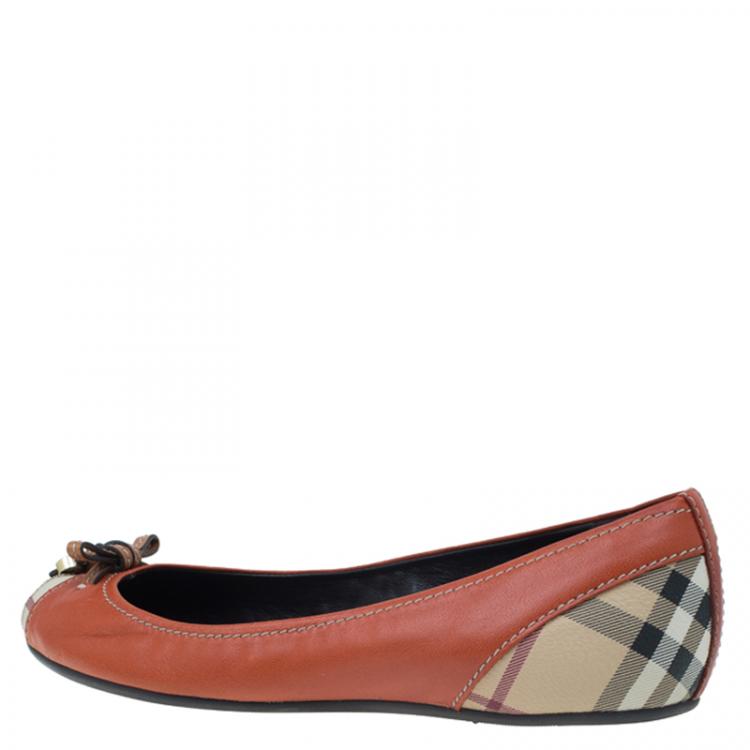 Pre Owned Burberry Orange Leather And Nova Coated Canvas Peep Toe Flats Size 38.5