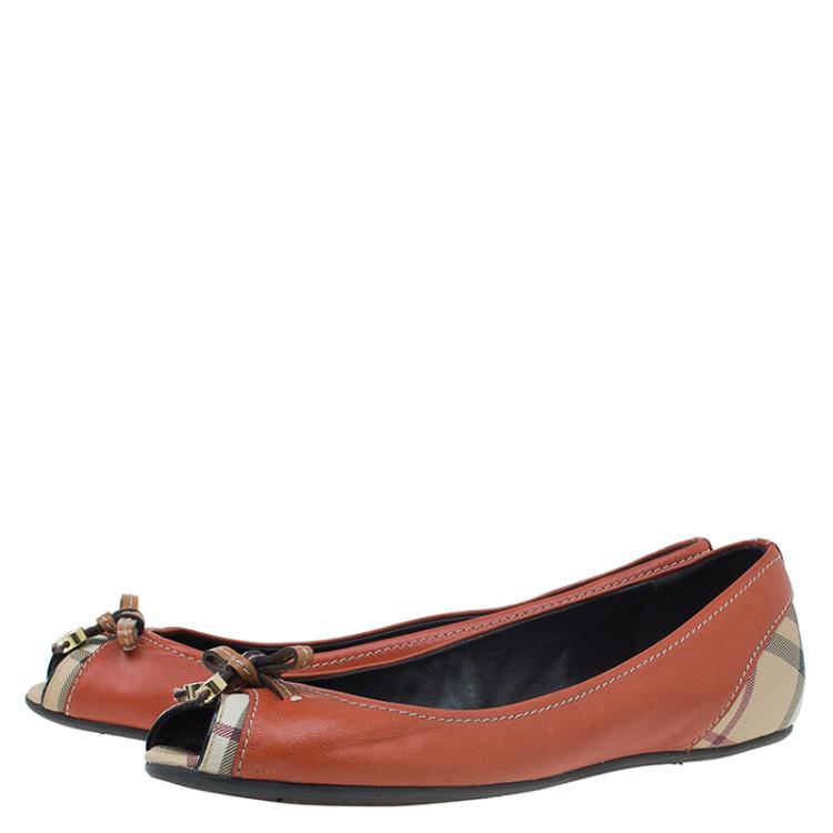 Pre Owned Burberry Orange Leather And Nova Coated Canvas Peep Toe Flats Size 38.5