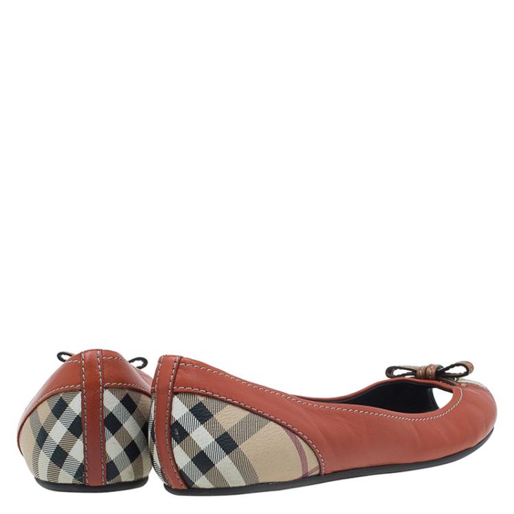 Pre Owned Burberry Orange Leather And Nova Coated Canvas Peep Toe Flats Size 38.5