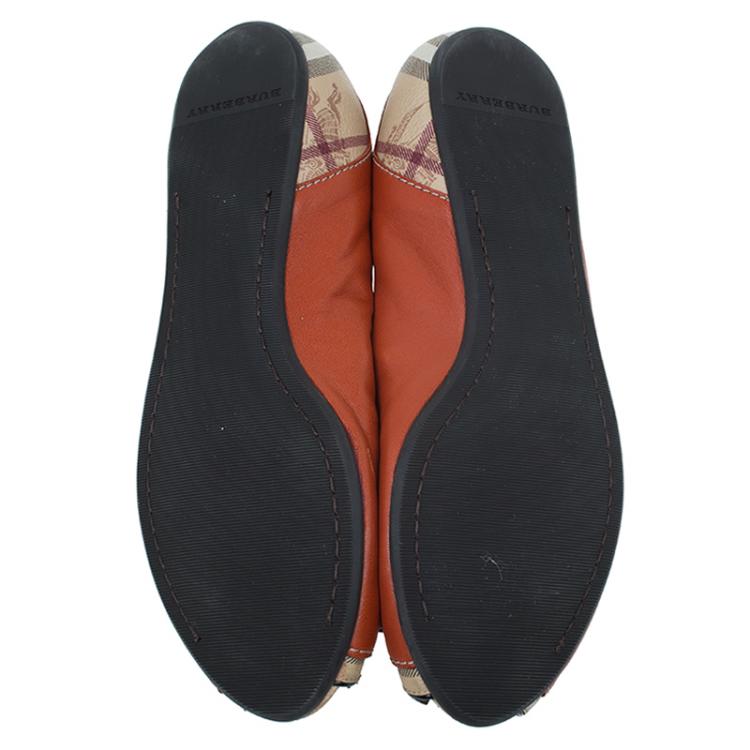 Pre Owned Burberry Orange Leather And Nova Coated Canvas Peep Toe Flats Size 38.5