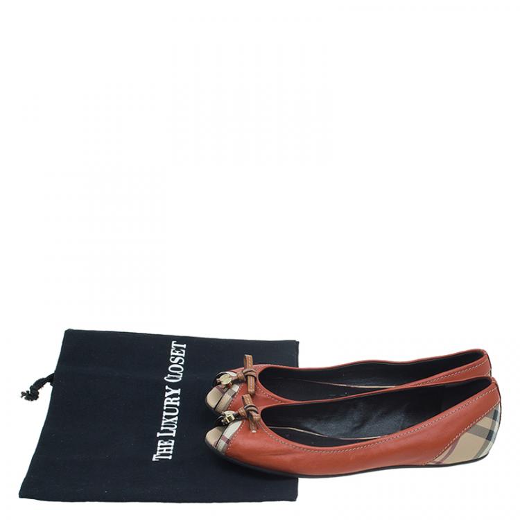 Pre Owned Burberry Orange Leather And Nova Coated Canvas Peep Toe Flats Size 38.5