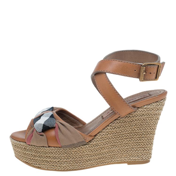 Pre Owned Burberry Brown Leather and Novacheck Canvas Espedrille Wedge Sandals Size 38