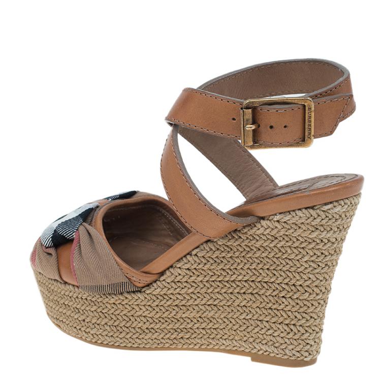 Pre Owned Burberry Brown Leather and Novacheck Canvas Espedrille Wedge Sandals Size 38
