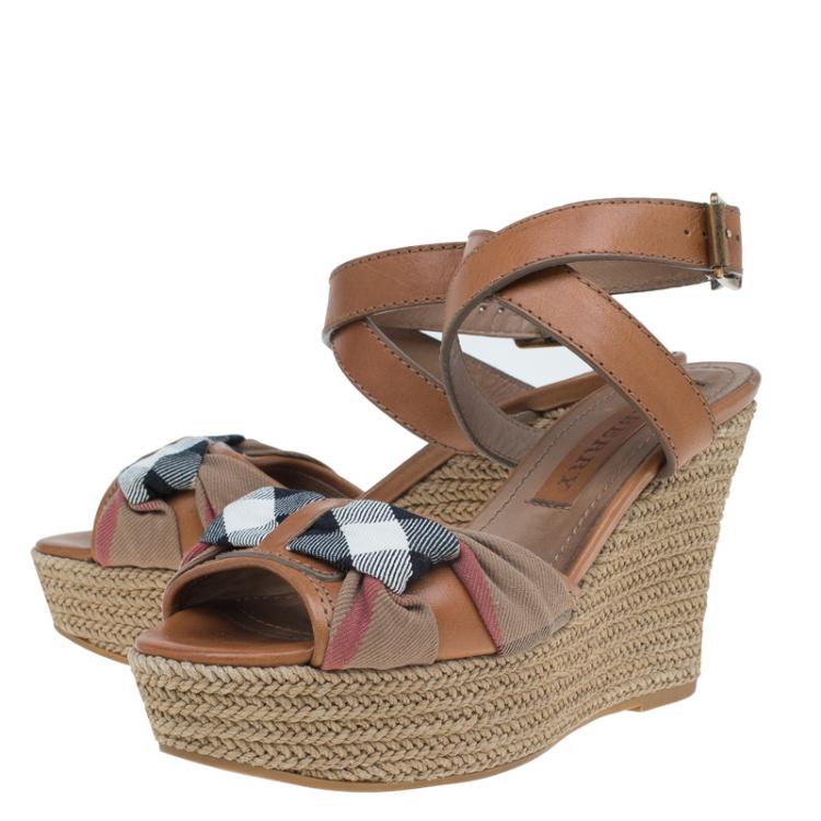 Pre Owned Burberry Brown Leather and Novacheck Canvas Espedrille Wedge Sandals Size 38