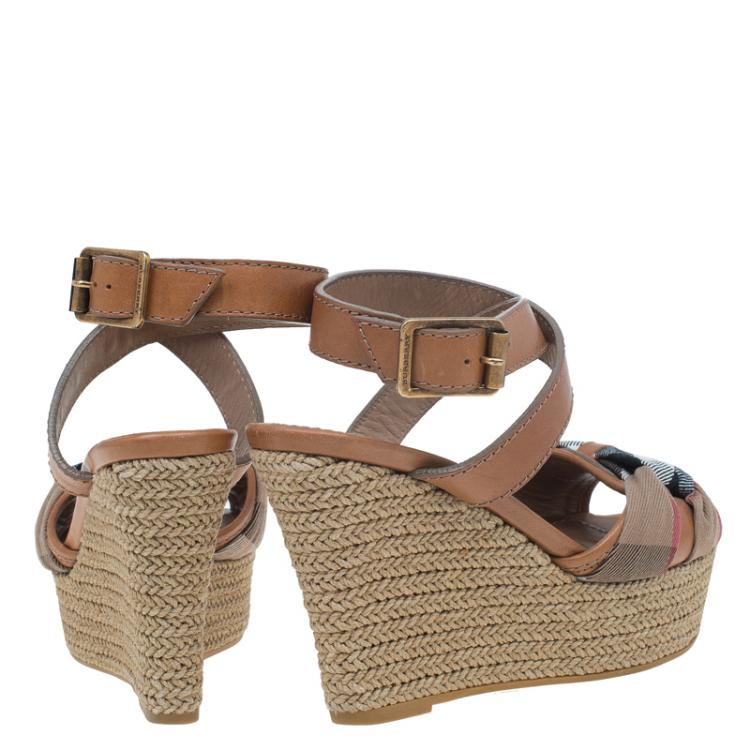 Pre Owned Burberry Brown Leather and Novacheck Canvas Espedrille Wedge Sandals Size 38