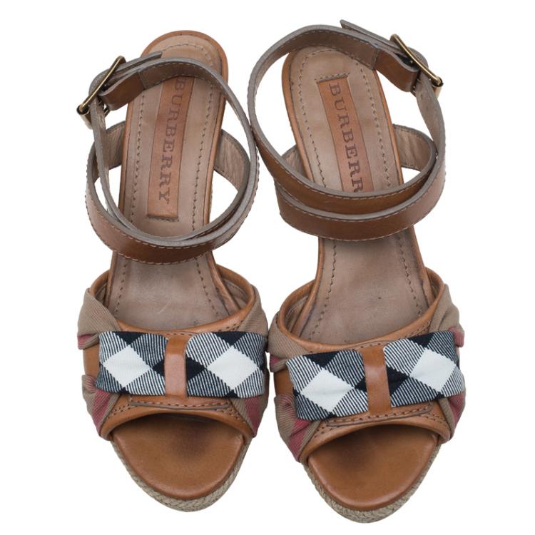 Pre Owned Burberry Brown Leather and Novacheck Canvas Espedrille Wedge Sandals Size 38
