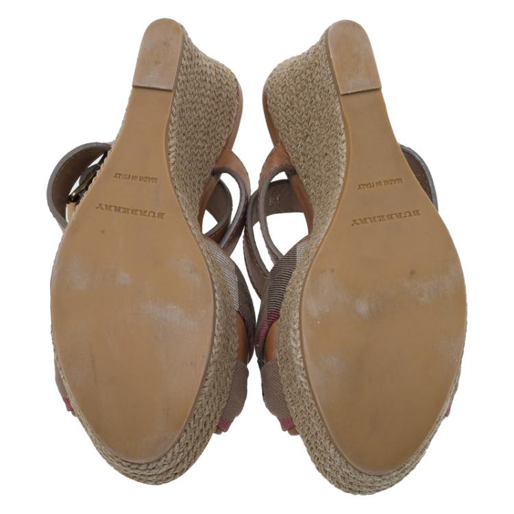 Pre Owned Burberry Brown Leather and Novacheck Canvas Espedrille Wedge Sandals Size 38