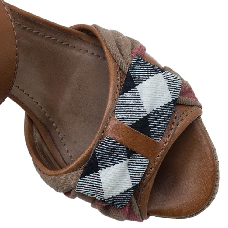 Pre Owned Burberry Brown Leather and Novacheck Canvas Espedrille Wedge Sandals Size 38