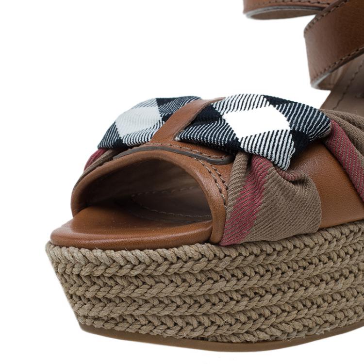 Pre Owned Burberry Brown Leather and Novacheck Canvas Espedrille Wedge Sandals Size 38