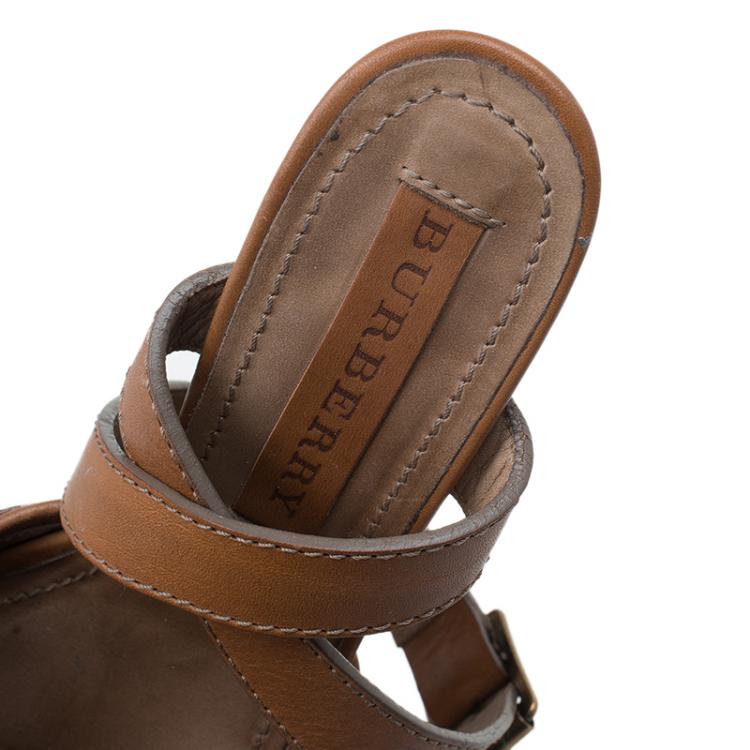 Pre Owned Burberry Brown Leather and Novacheck Canvas Espedrille Wedge Sandals Size 38