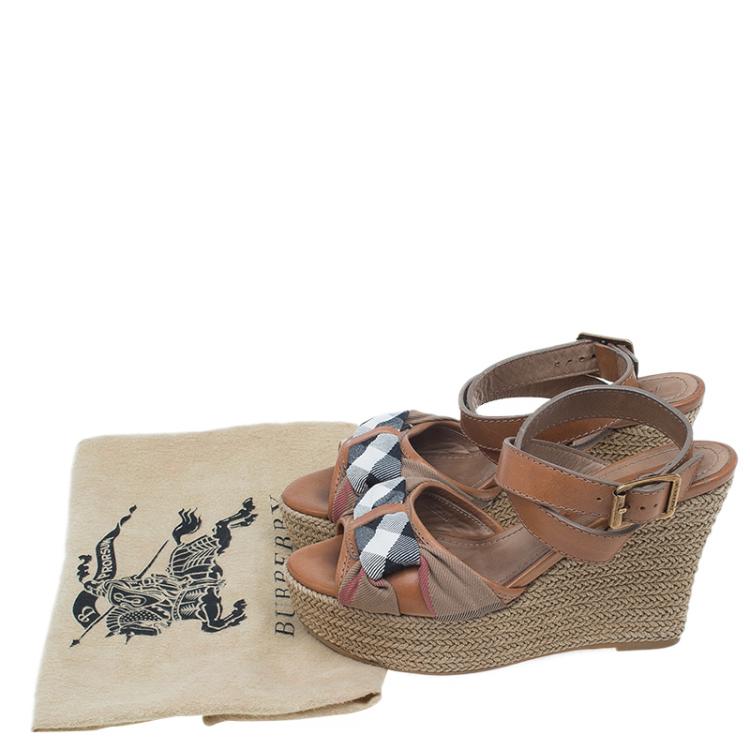 Pre Owned Burberry Brown Leather and Novacheck Canvas Espedrille Wedge Sandals Size 38