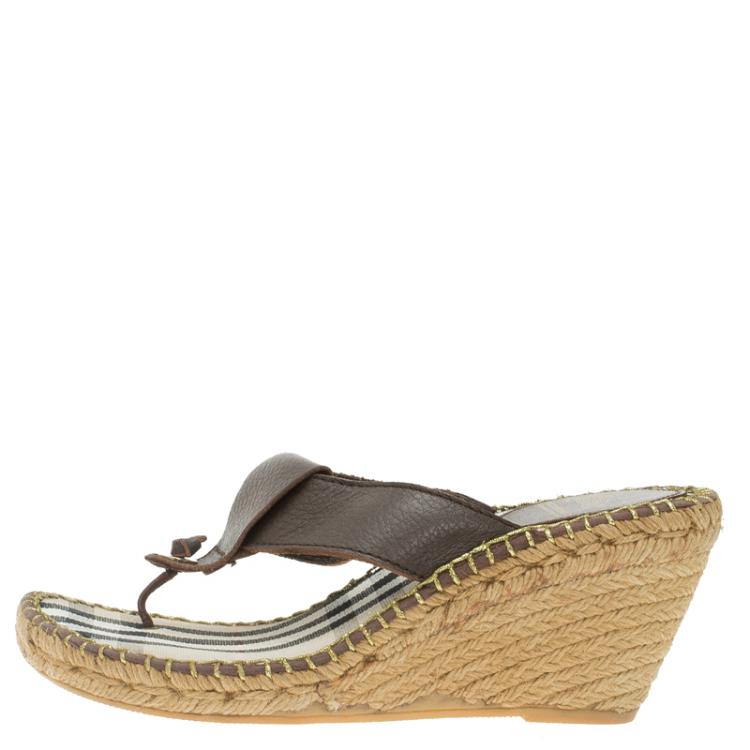 Pre Owned Burberry Brown Leather Espadrille Thong Sandals Size 39